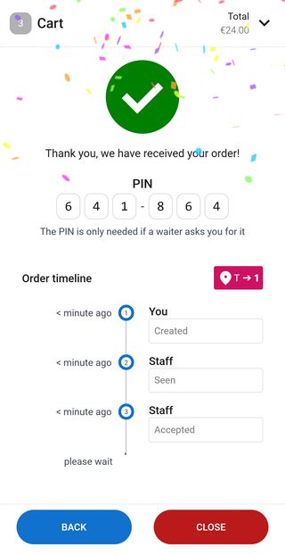 A confirmed menu.place order on a phone, showing the collection PIN and a live status timeline
